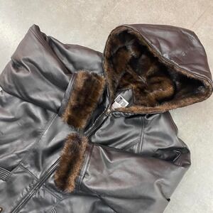 Outbrook‎ Faux Leather Jacket Vintage Hooded Fur Lined Y2K Coat Womens Size XL